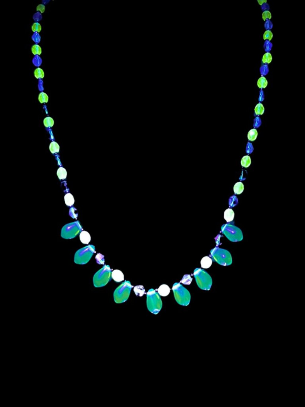 Handmade Uranium Glass Beaded Necklace UV Reactive Glows Under Blacklight